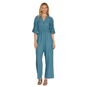 She + Sky Blue Button-Front Jumpsuit